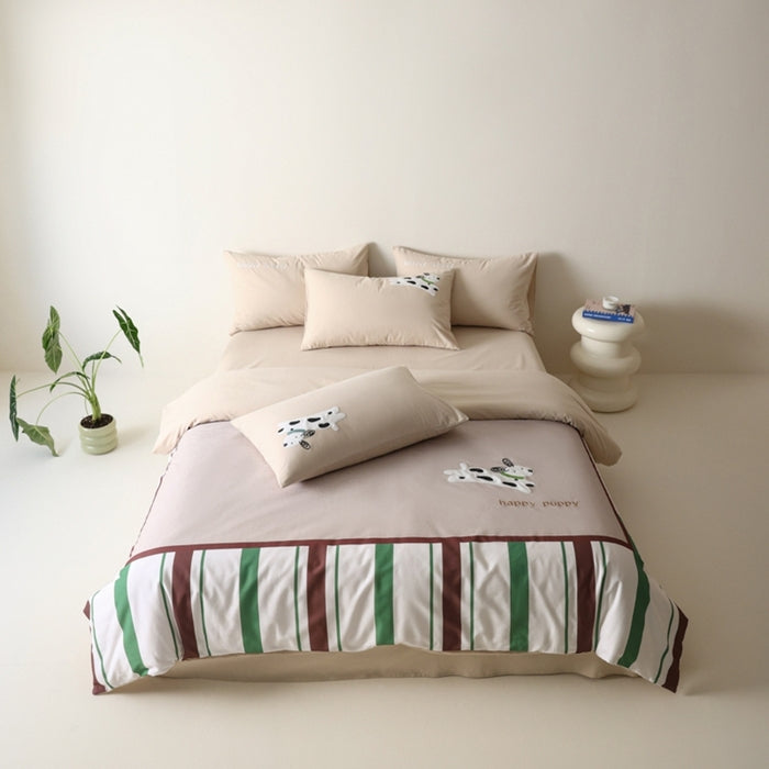 Embroidery Bedding Set 100% Cotton Duvet Cover+ Flat sheet + Pillowcase