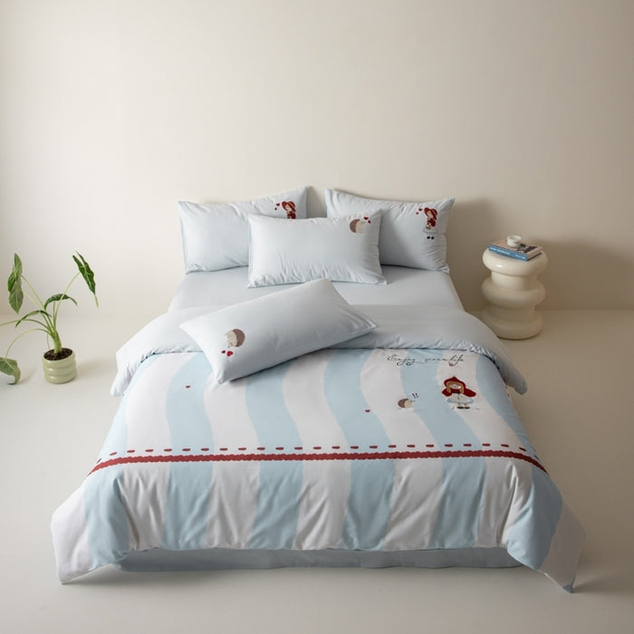 Embroidery Bedding Set 100% Cotton Duvet Cover+ Flat sheet + Pillowcase