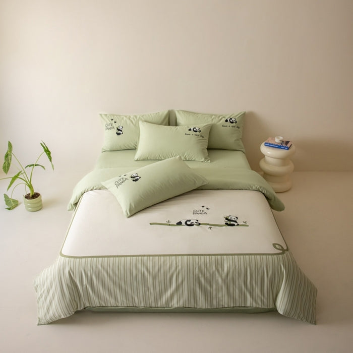 Embroidery Bedding Set 100% Cotton Duvet Cover+ Flat sheet + Pillowcase